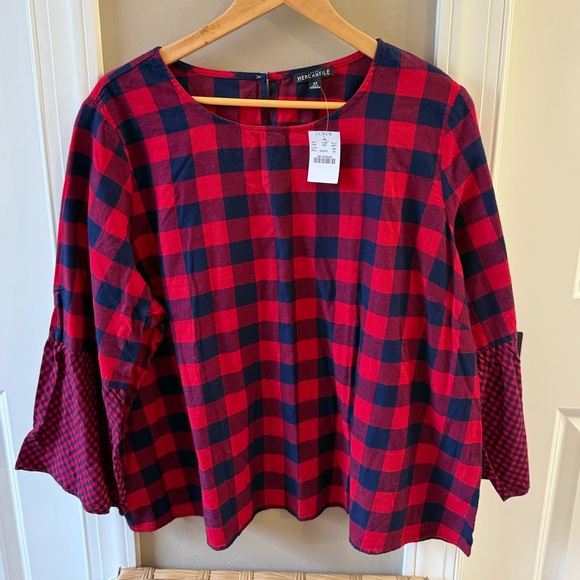 J. Crew Red and Blue Women’s Plus Cotton Checkered Blouse Size 22 NEW - Picture 1 of 12